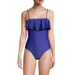 Jones NY Ruffle-Overlay One Piece Swimsuit Purple Size XL One Piece Swimsuit